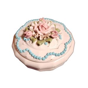 Vintage Reina Califa Bone China 217 Pink Ornate Rose‎ Lidded Trinket Box 5"HX6"D
